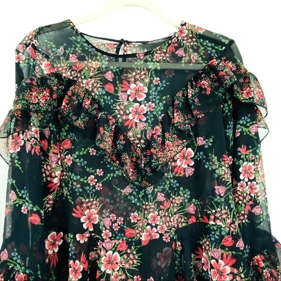Zara Women Sheer Floral Long Sleeve Ruffled Layered Pink Black Cuffed Blouse SzM - Picture 4 of 15